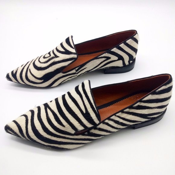 Franco Sarto Shoes - Franco Sarto Women 7 Zebra Pony Hair Slip on Flat Loafers Black White Leather
